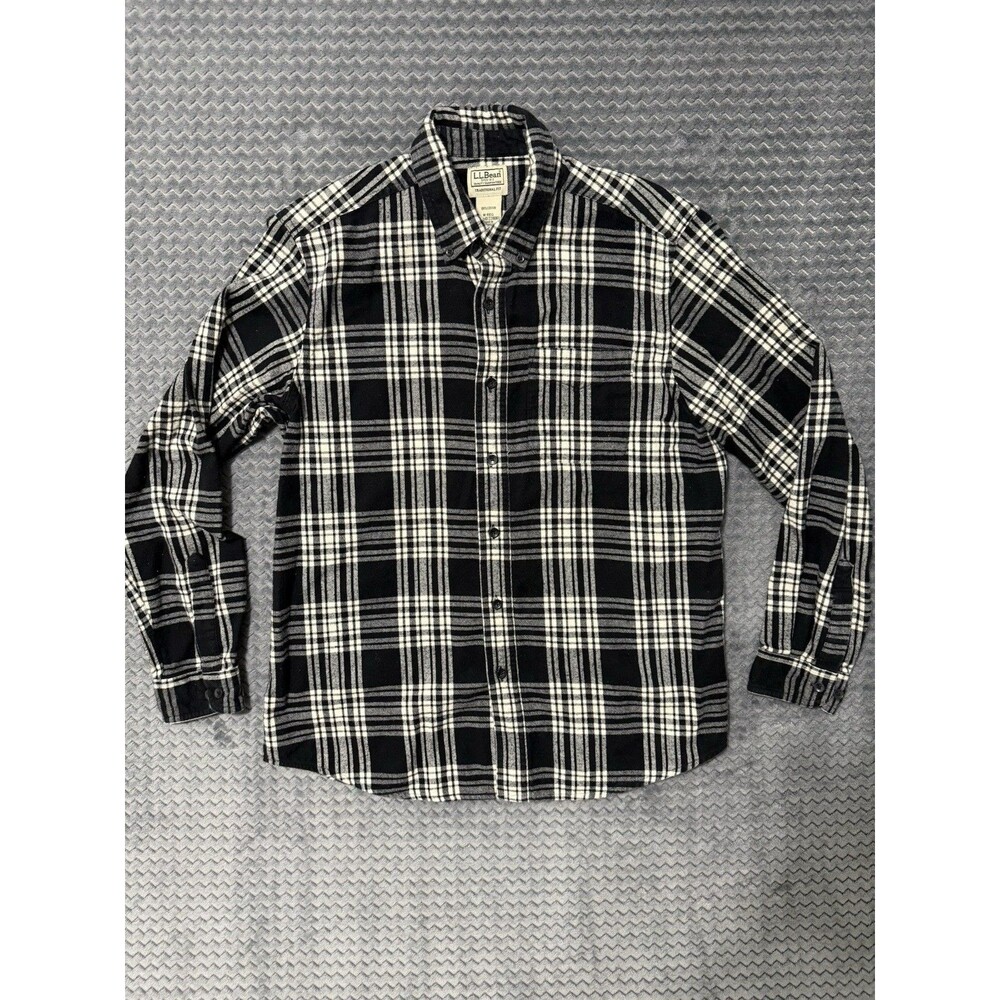 LL Bean Traditional Plaid Flannel Shirt Men’s Size M Black White 228061